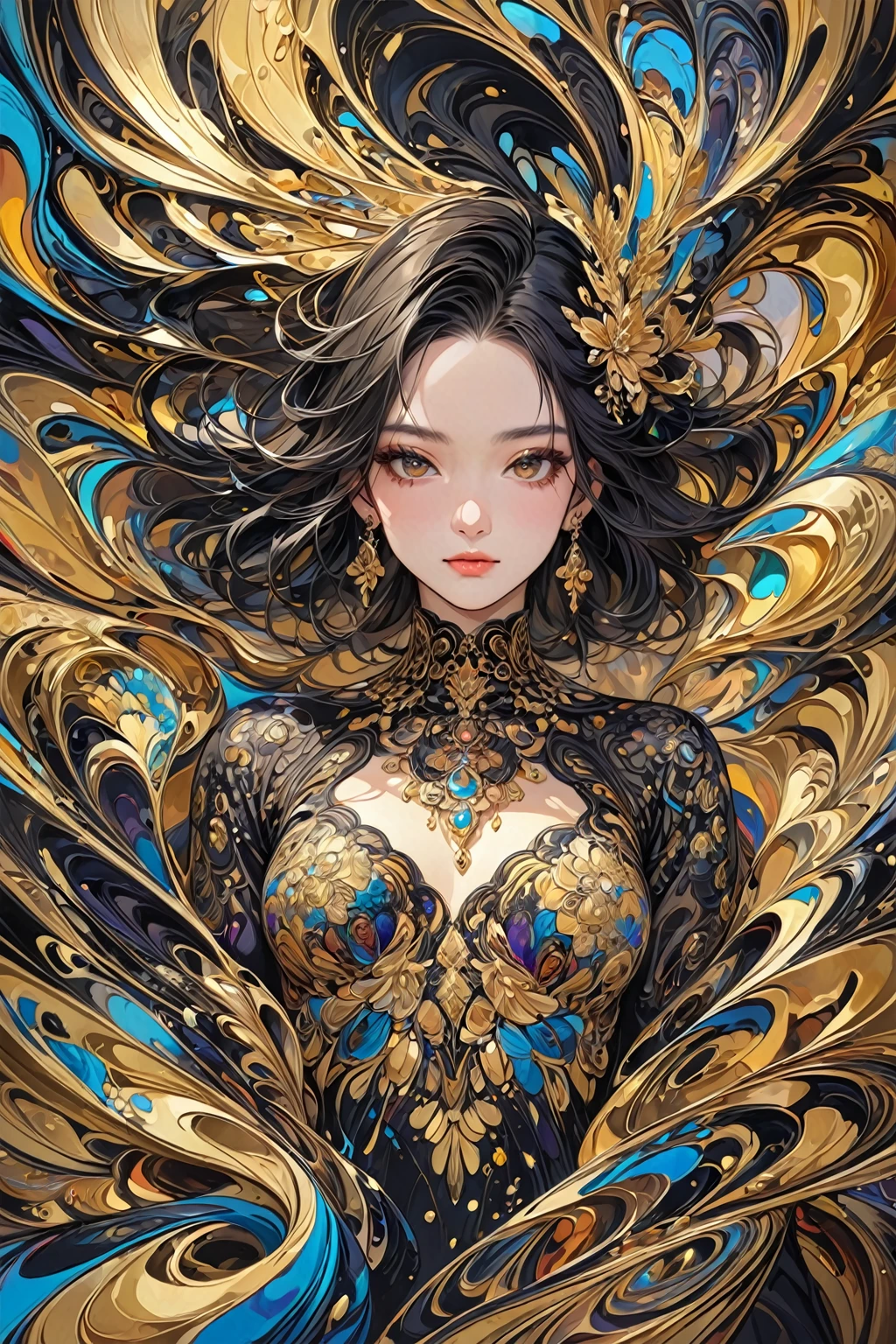 (masterpiece, Top quality, best quality, Official Art, beautiful and aesthetic:1.2),(1 Girl,Upper Body:1.3),Extremely detailed,(Abstract Art:1.2),rich and colorful,The most detailed,black and gold,