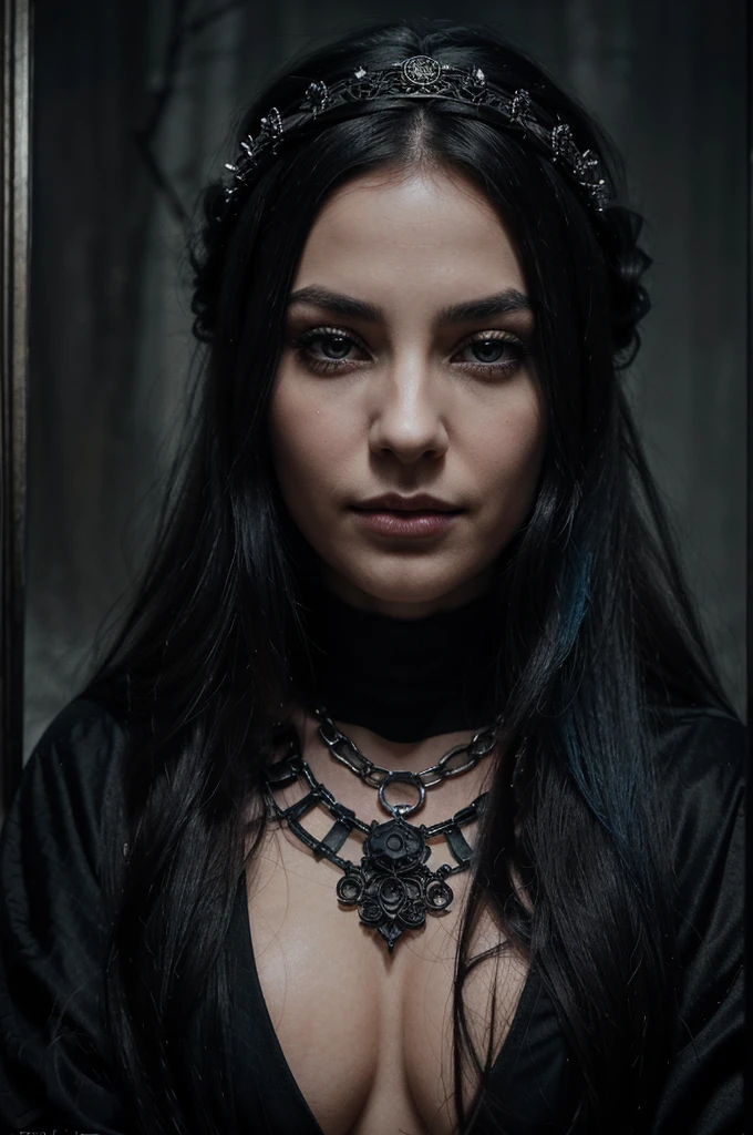 A girl with long blue hair. Her face is exquisite, with high cheekbones and smooth fair skin. Her large black eyes, framed by long thick eyelashes, are impressive and expressive, radiating calmness and confidence. Well-defined eyebrows curve gracefully above her eyes, adding intensity to her gaze. She has a small, straight nose and full, slightly parted lips that curve into a slight smile, revealing hints of mischief and allure. Her sharp, well-defined jawline gives her face a refined and elegant appearance. "A photo-realistic image of a modern witch with dark, mysterious hair decorated with black roses and silver chains. On her head is an eerie crown of bones and webs, which gives her a sinister look. She wears a stylish black cloak and elaborate accessories to emphasize her mystical image. Background the image is a forest shrouded in fog and dim light, creating a sense of gloom and mystery. The overall atmosphere is full of elements of dark fantasy and eerie beauty."
