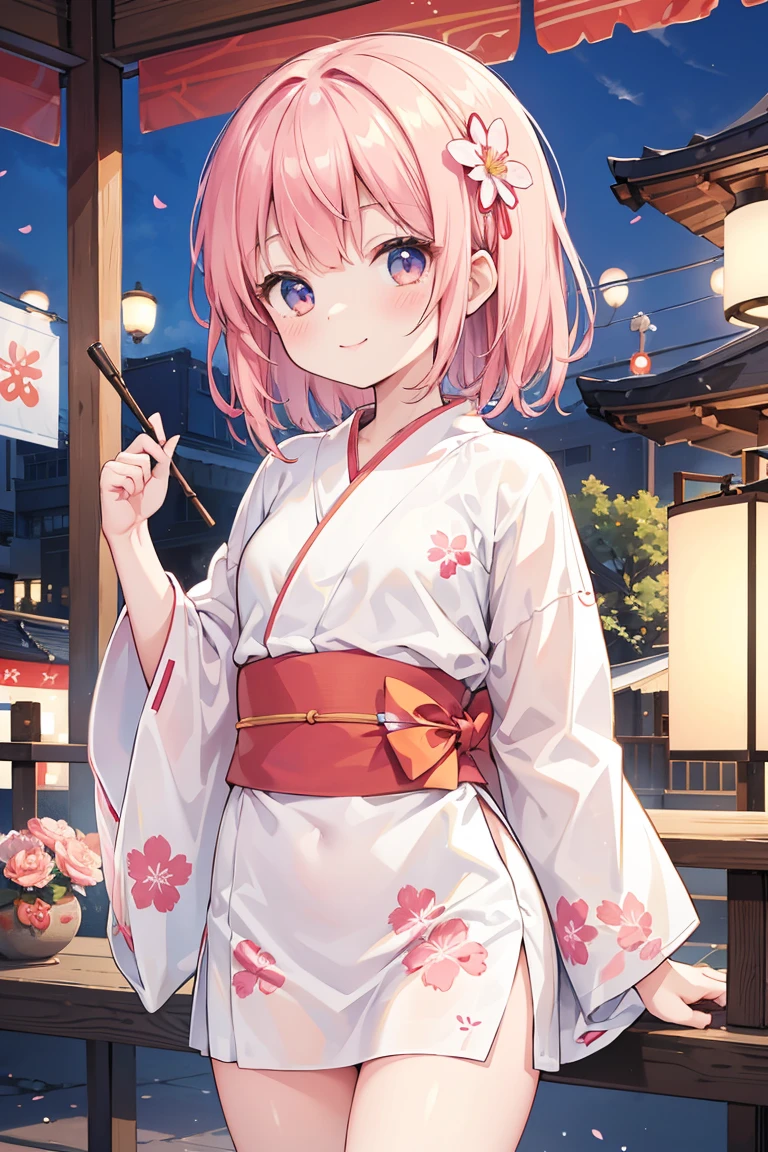 Tabletop, Highest quality, shape, Very detailed, finely, High resolution, 8k wallpaper, 完璧なダイナミックな構shape, finelyて美しい目, Medium Hair,Small Breasts Natural Color Lip, Bold sexy pose,smile,Harajuku、20-year-old girl、cute、sexy shot looking at camera、Floral Yukata、Red yukata、Summer festival、evening、Lots of food stalls、seems to be happy、smile