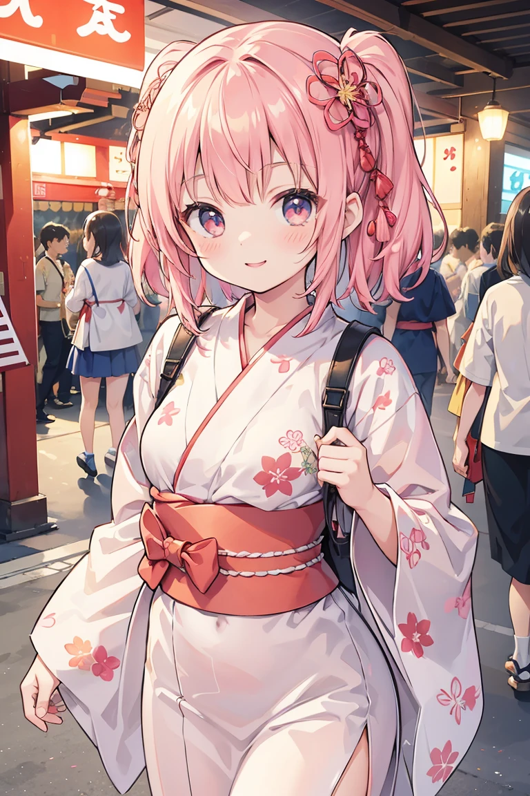 Tabletop, Highest quality, shape, Very detailed, finely, High resolution, 8k wallpaper, 完璧なダイナミックな構shape, finelyて美しい目, Medium Hair,Small Breasts Natural Color Lip, Bold sexy pose,smile,Harajuku、20-year-old girl、cute、sexy shot looking at camera、Floral Yukata、Red yukata、Summer festival、evening、Lots of food stalls、seems to be happy、smile