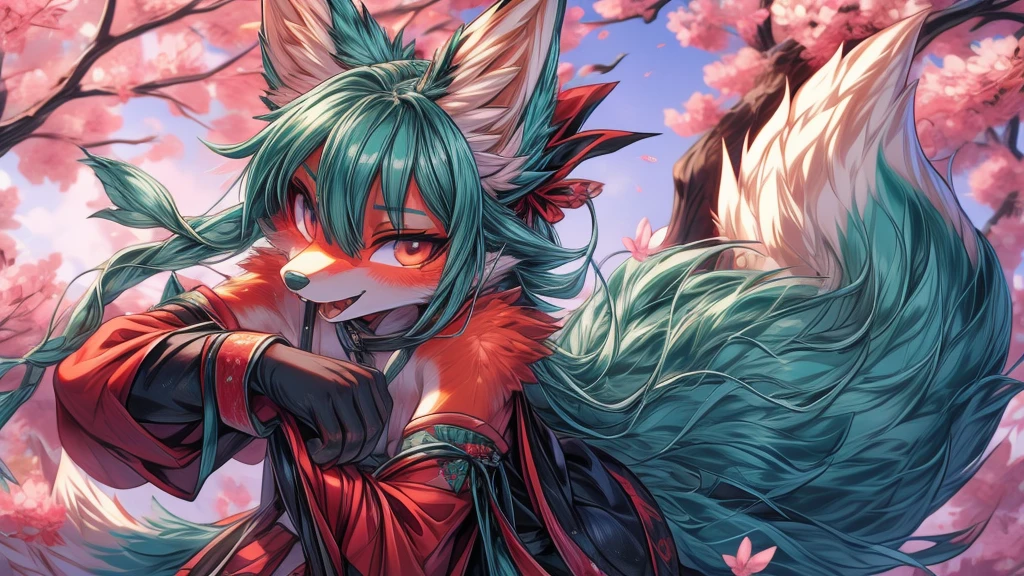 The best quality, Japanese adolescent hatsune miku x kitsune , fox face elongated snout add-detail, Surprise face, sweaty body, heated add_detail,, kitsune warrior in the spring hanami add_detail:1, barefoot add_detail:1 mistycal aura, demon slayer style 
