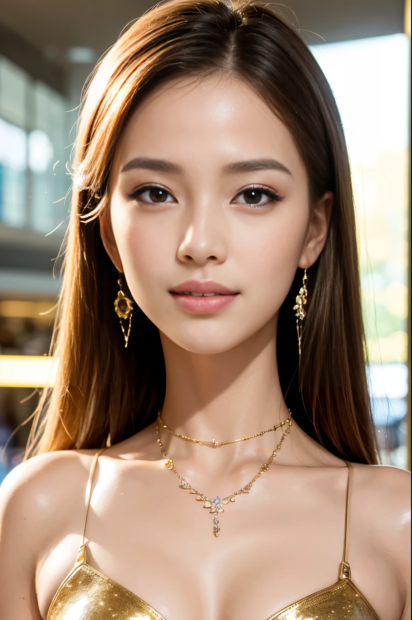 (masterpiece:1.4), (best quality:1.4), ultra high res, ultra high resolution, ((detailed facial features)), HDR, (realistic, photorealistic, photo-realistic:1.37), closeup, sexy seductive Thai woman, (seductive smile), long lashes, beautiful makeup, platinum blonde hair, fair skin, slender figure, elegant posture, wearing large sparkling colorful jewelery, wearing a business style leather dress, standing in a large shopping mall, gentle sunlight shining through the shopping mall windows, casting a soft glow on her face, adding warmth to the scene, vibrant colors, capturing the essence of vibrant city life, portrait style, showcasing her natural beauty and grace in a feminine way