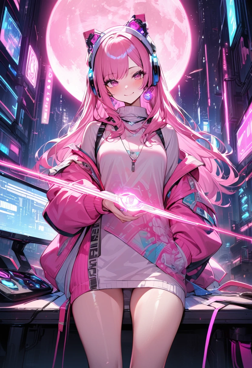 Unreal Engine:1.4,Ultra HD,Best quality:1.4, lifelike:1.4, Texture:1.4, masterpiece:1.8,1 girl, Chino_clothing, Liquid Silver and Pink, Cyberhan, dressed in a pink kimono, ciudad Cyberpunk, Dynamic poses, bright headphones, Shiny hair accessories, Long hair, sparkling earrings, Shiny necklace, Cyberpunk, high-technology city, full of mechanical and Futuristic elements, Futuristic, technology, Glowing neon lights、Pink Light, Transparent Tulle, Transparent ribbon, laser, City sky digital background, Big Moon, with vehicles, Best quality, On the table, 8K, Character Rim Light, Ultra-high detail, high quality, The most beautiful woman in the world, smile, Face symmetry, Handset Antenna, Beautiful pupil light effect, Visual Data:1.4)