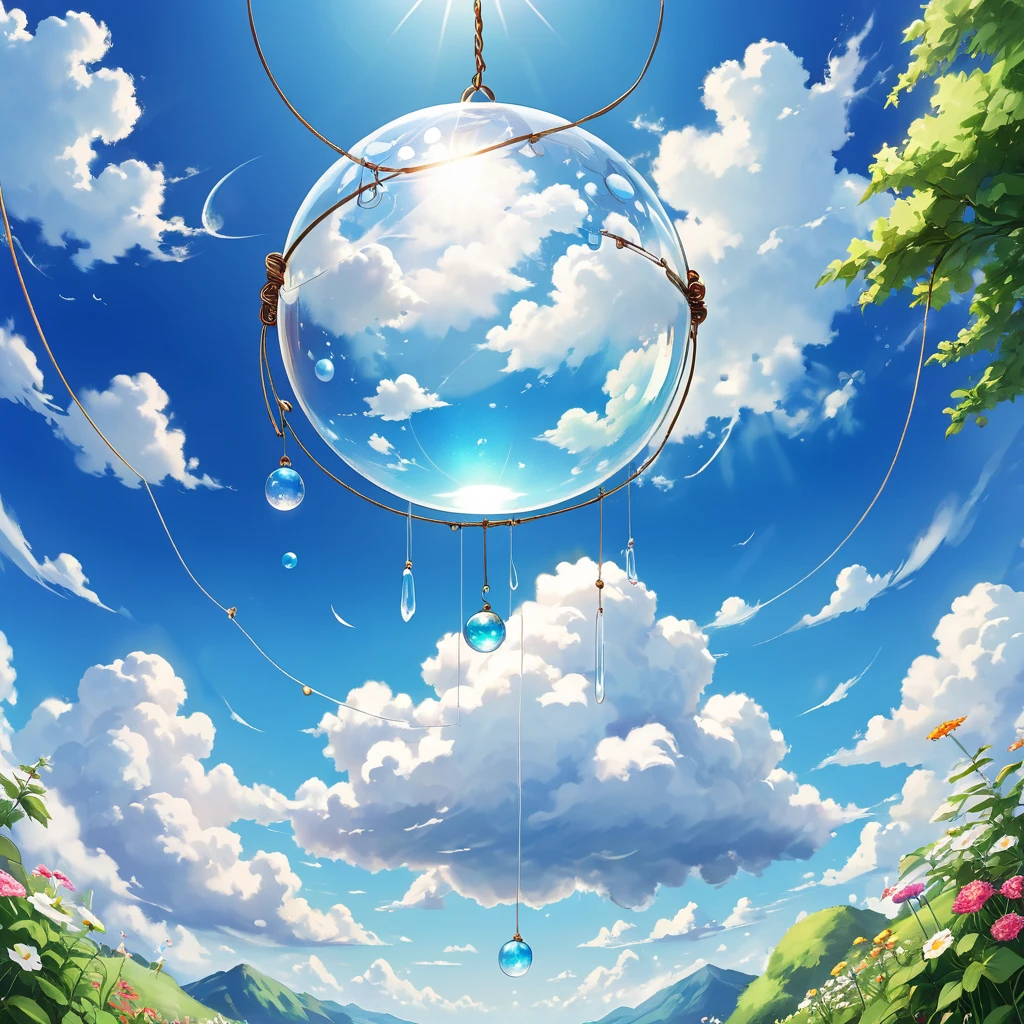There is a big glass ball hanging from a wire in the sky, Lying in the fairyland of white clouds, Wind Chimes, White Cloud Fairyland, sunny summer day, Bright sunny day, White Cloud Fairylandで, bright sunny summer day, bright summer day, On a bright day, Looking up at the sky, 「Fluffy cloud landscape