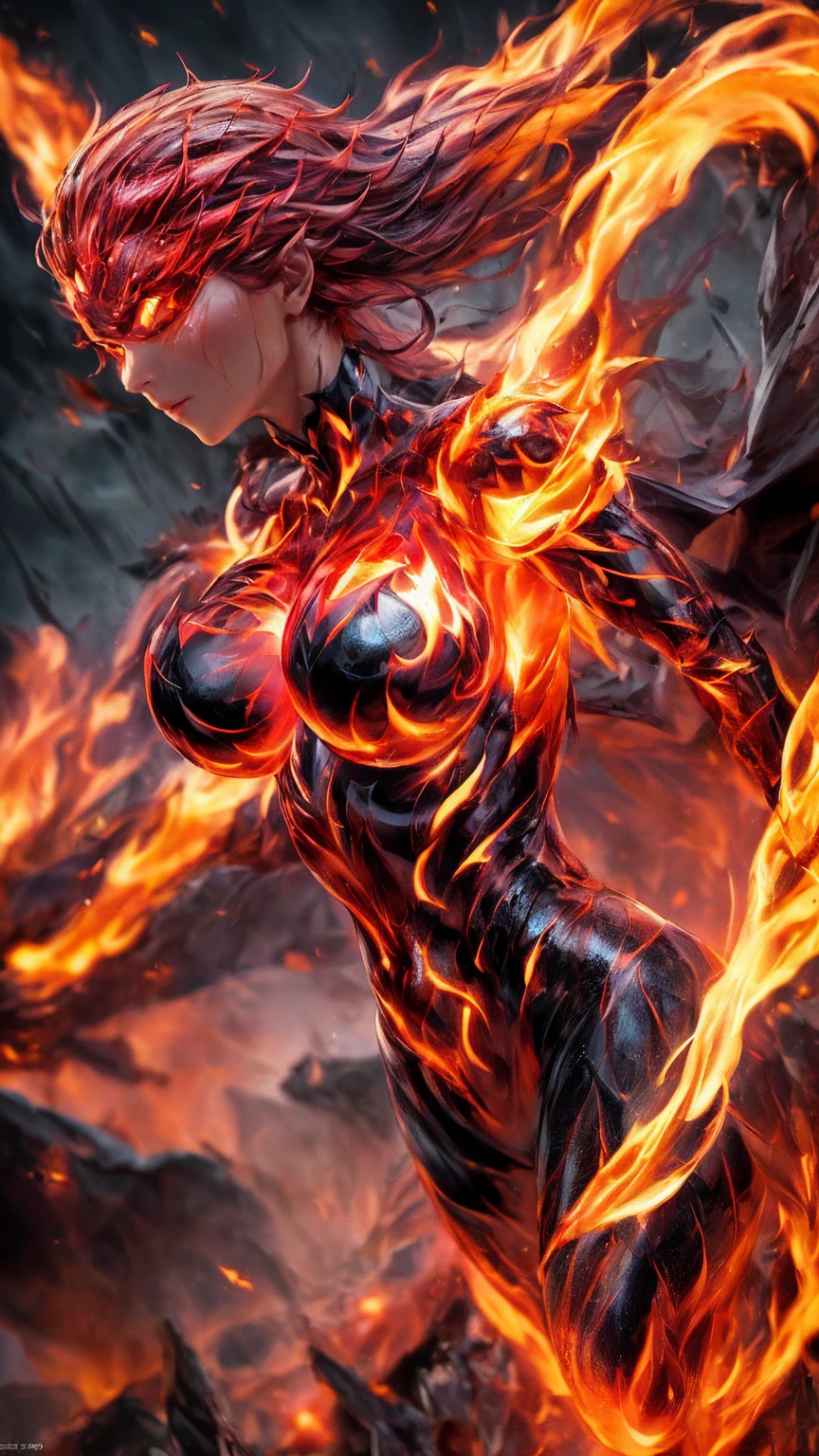masterpiece, highest quality, dragonlady queen, bright red glowing eyes, detailed eyes (1.4), scars on face, villainous expression, flaming skin body with bioluminescent glowing pattern, ready for battle, blurred stormy background, dark atmosphere, lighting in background,full body,