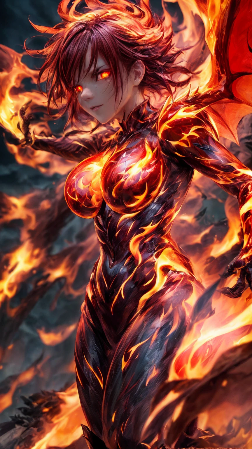 masterpiece, highest quality, dragonlady queen, bright red glowing eyes, detailed eyes (1.4), scars on face, villainous expression, flaming skin body with bioluminescent glowing pattern, ready for battle, blurred stormy background, dark atmosphere, lighting in background,full body,