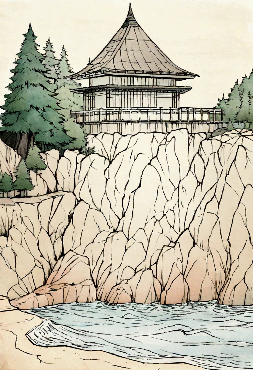 Create a simple coloring book style illustration of the red Rokkakudo pavilion on a cliff by the sea, designed for elementary school children. The image should include the pavilion, calm waters, rocky cliffs, and pine trees, with clean, bold lines and minimal detail, making it easy to color. Ensure the composition and key elements closely match the provided reference image.