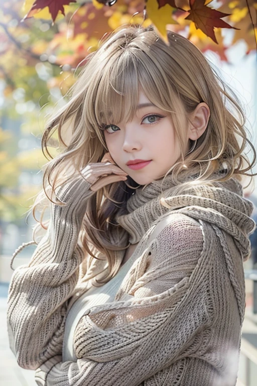 sitting on a park bench、(RAW shooting), (((Overall image)))、35age、((Red sweater with high neck))、White scarf around neck、Long thin earrings、Round eyes、Cheek on ear、correct、make、smile、Biting the lower lip、(((Close one eye and wink)))、Soft lips、誘惑的なsmile、Sparkle、Darker lipstick、Cheek on nose、(Autumn leaves)、((Watery eyes))、Asymmetrical Hair、Real Skin、Blonde Hair、Very realistic,Gray Hair、Messy Hair、Hair behind the ear、Floating Hair、Short Hair、Boyish Hair、Blunt bangs、Drop Shadow、Hyperrealism、Contemporary Art、shine、reflected light、Ultra Wide Angle、16K、Super detailed、最high quality、uhd、Anatomically correct、Awards、最high quality、Ultra high detail、high quality、High resolution、Textured skin、correct、masterpiece、((Cold Pose:1))、(((Shoot from different distances and angles:1.5)))、Super close-up of the face