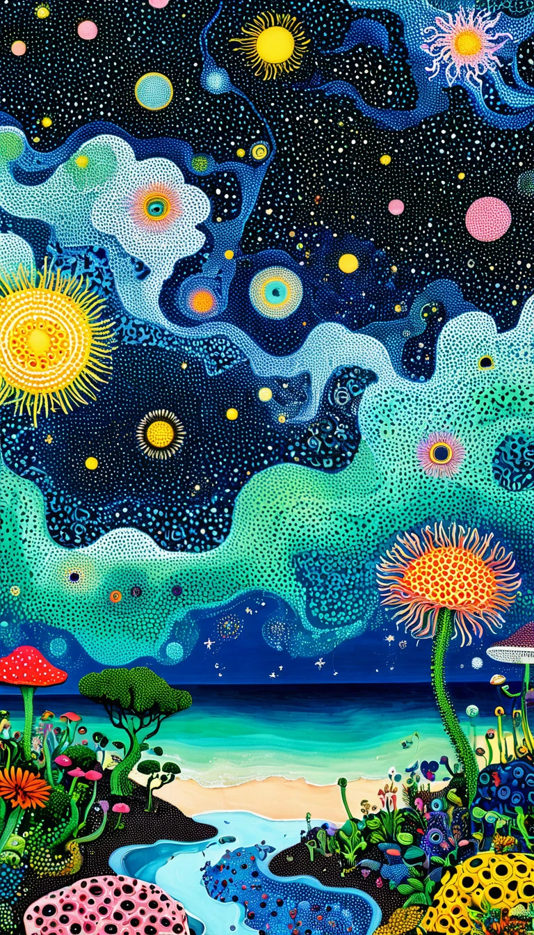 plantar、Marine life、Ojo、Starry sky,An abstract painting in the joint,Describing the inner world of autistic people,Sense of space,blank space,Pointillism method,psychedelic art,interesting:1.5。Trypophobia