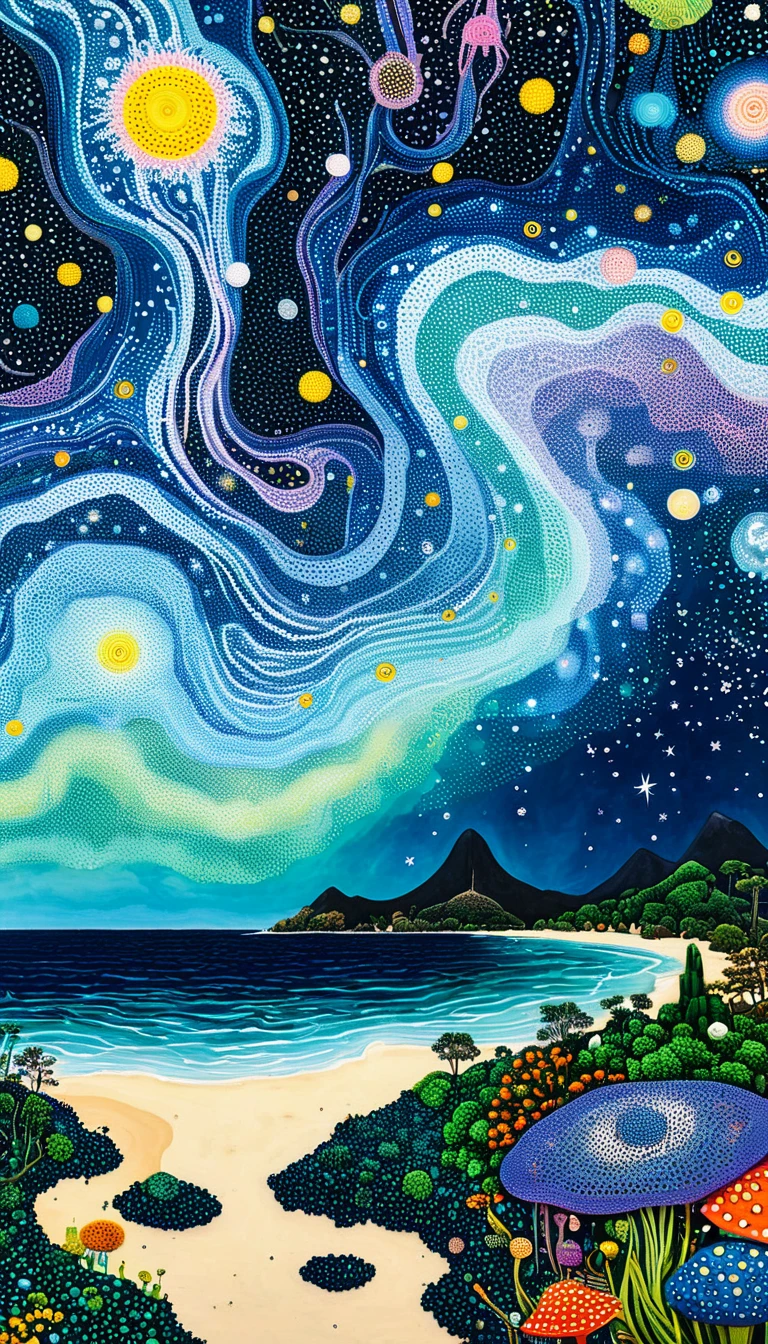 plantar、Marine life、Ojo、Starry sky，An abstract painting in the joint，Describing the inner world of autistic people，Sense of space，blank space，Pointillism method，psychedelic art，interesting：1.5。Trypophobia