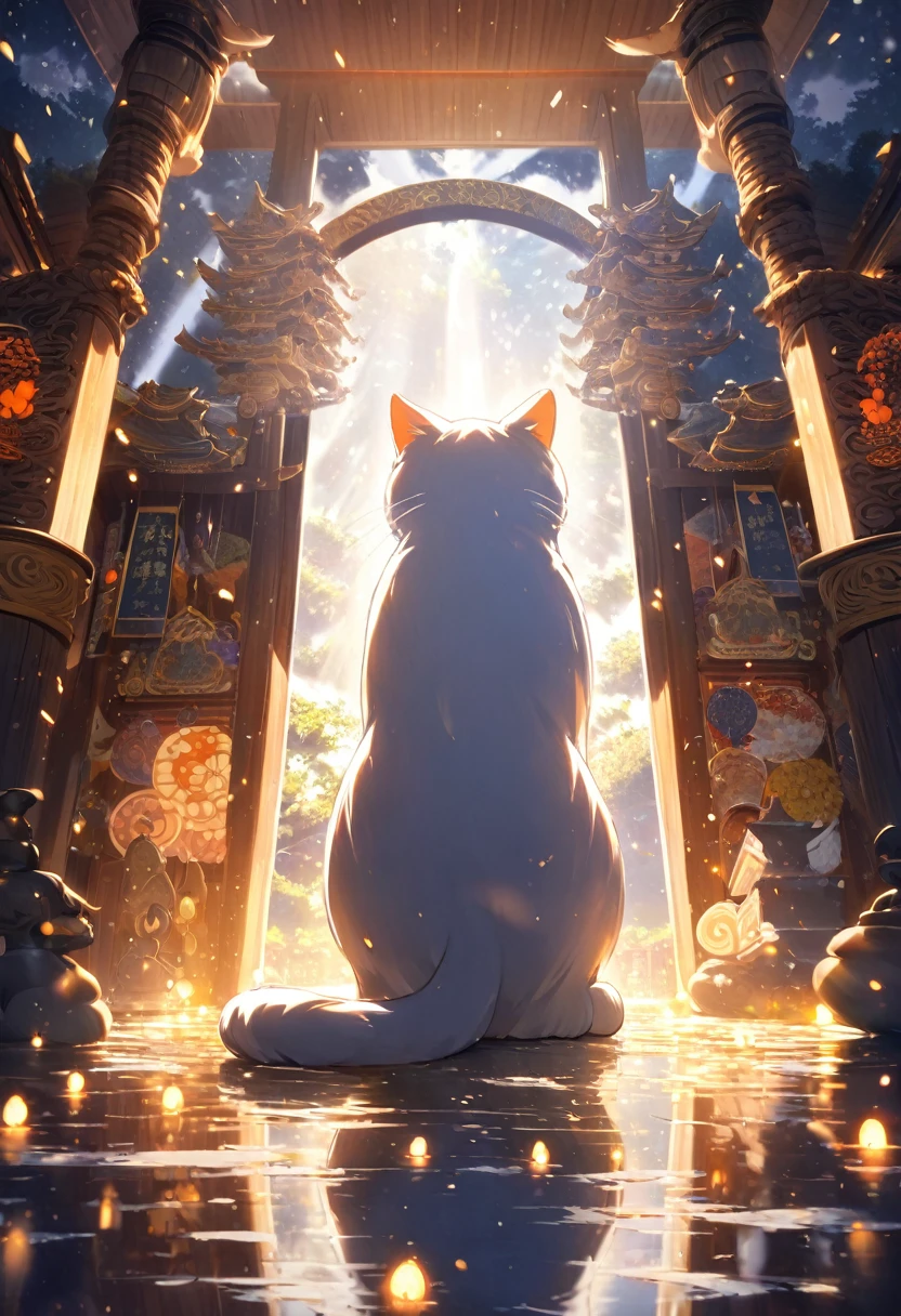 Highest quality, Highest quality, 16K, Unbelievably absurd, Very detailed, delicate and dynamic, Natural light, The particles reflect light, Diffuse reflection of light, Vortex of Light, magical, spooky, shrine, giant beckoning cat