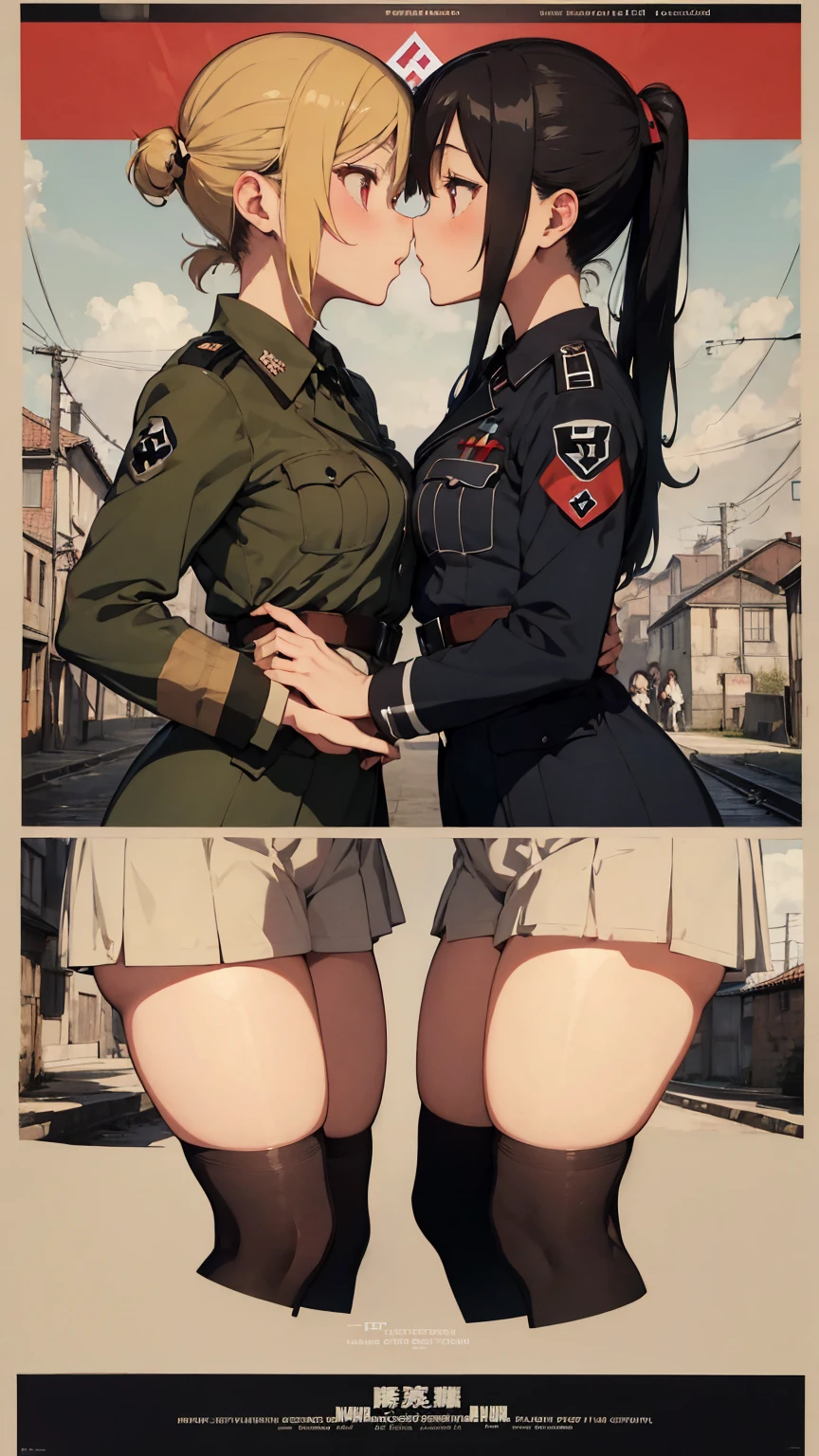 Propaganda poster. Gestapo uniform, female Nazi lesbian kawaii sisters kissing passionately in Auschwitz Jewish concentration camp, wearing Luftwaffe uniforms. 8k. masterpiece. best quality. best artwork. lingerie. insignia
