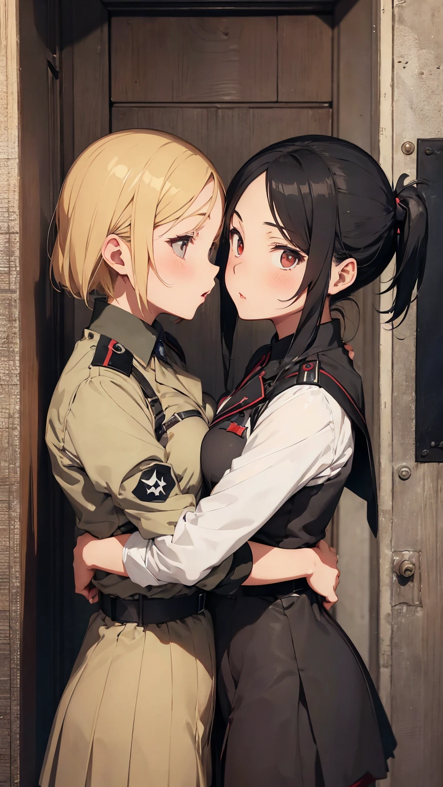 Propaganda poster. Gestapo uniform, female Nazi lesbian kawaii sisters kissing passionately in Auschwitz Jewish concentration camp, wearing  Luftwaffe uniforms. 8k. masterpiece. best quality. best artwork. lingerie.  insignia 