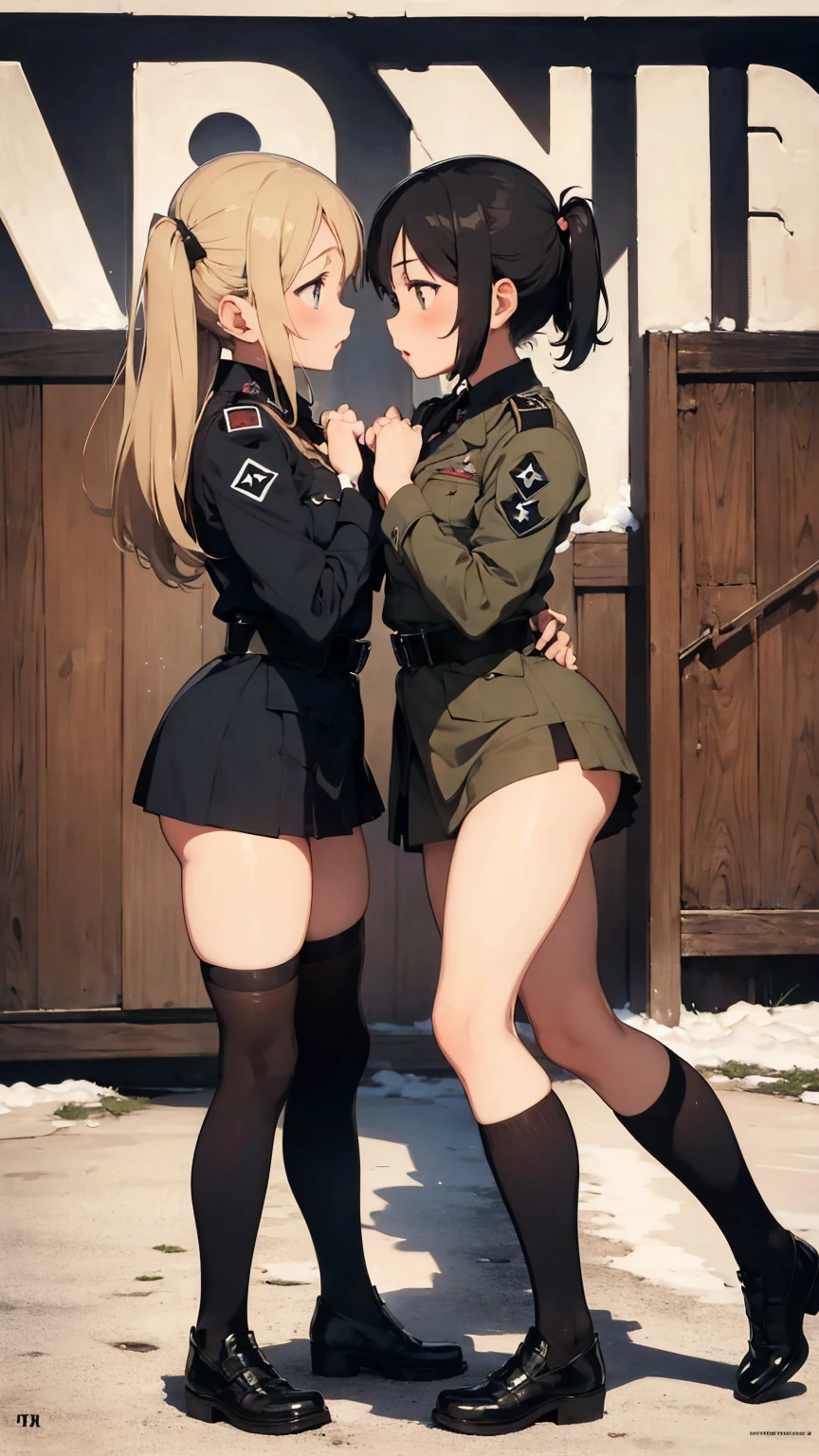 Propaganda poster. Gestapo uniform, female Nazi lesbian kawaii sisters kissing passionately in Auschwitz Jewish concentration camp, wearing Luftwaffe uniforms. 8k. masterpiece. best quality. best artwork. lingerie. insignia