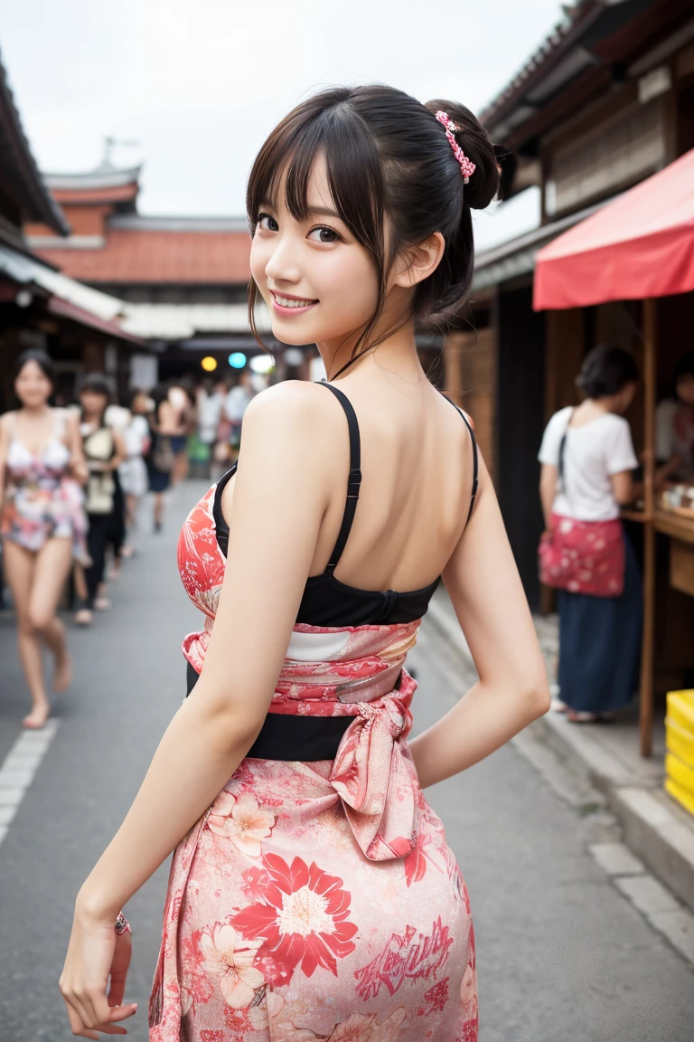 Tabletop, Highest quality, shape, Very detailed, finely, High resolution, 8k wallpaper, 完璧なダイナミックな構shape, finelyて美しい目, Medium Hair,Small ??????? Natural Color Lip, Bold ???? pose,smile,Harajuku、20-year-old girl、cute、???? shot looking at camera、Floral Yukata、Red yukata、Summer festival、evening、Lots of food stalls、seems to be happy、smile