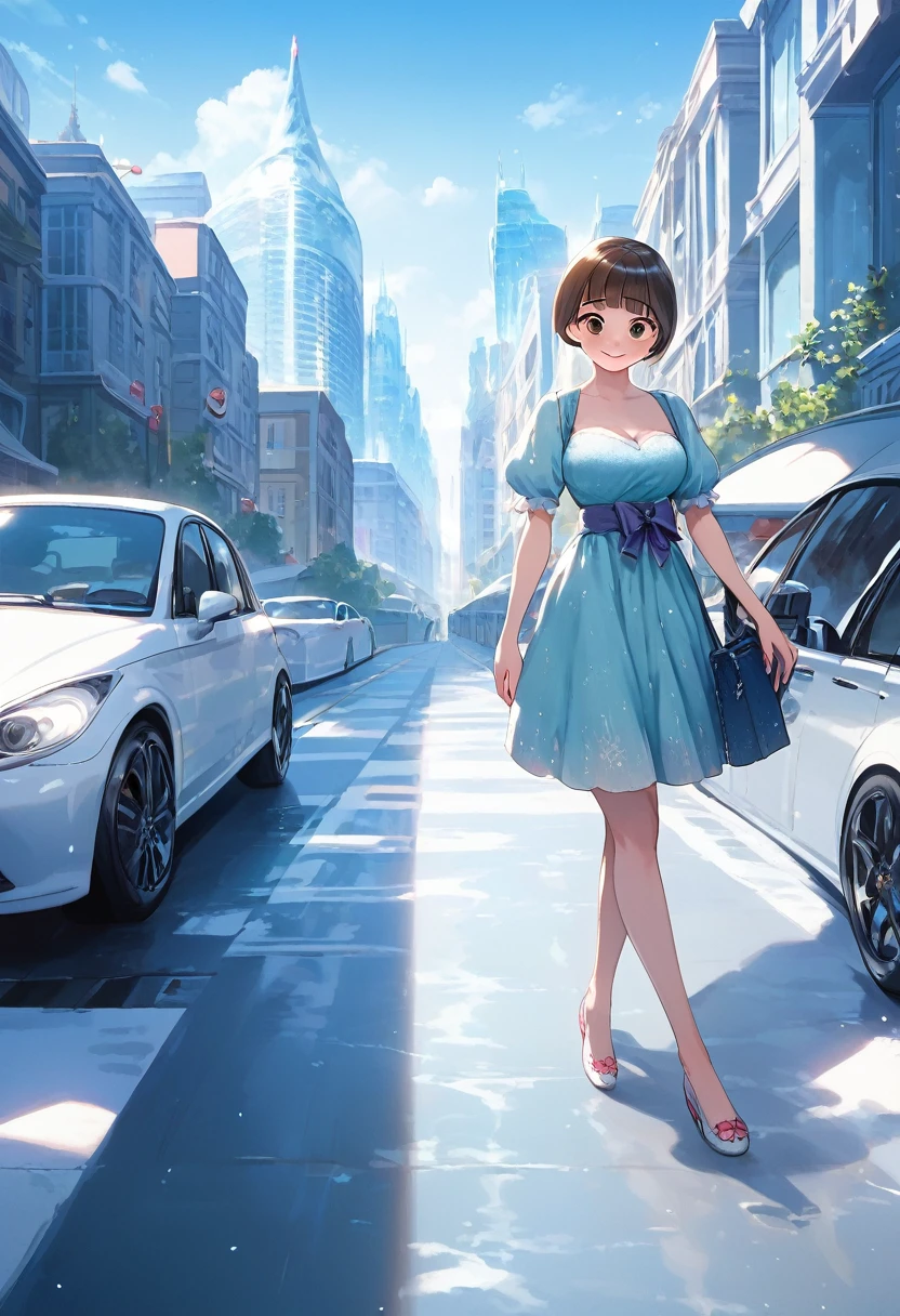 score_9,score_8_up,score_7_up,masterpiece,best quality, source anime, official art, super detailed, extreme detailed, rating_safe,
1girl, walking, ice age, (iced Tokyo city:1.3), street, frozen city, frozen building, frozen road, frozen cars,
BREAK girl, 22yo, short hair, bob cut, (blunt bangs), black hair, (tareme, detailed cute brown eyes), curled eyelashes, (large breasts:0.9),
shiny hair, beautiful detailed eyes, beautiful face,
summer fashion,
blush, smile, (steam),