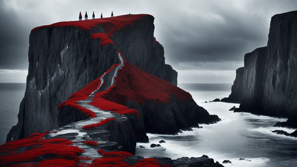 black and white and blue and red,(best quality, ultra-detailed, high resolution, extremely detailed cg),wide shot,dead angels stand on cliff edge,she is very beautiful,she like blood and sea,bloody rain, mystical,fanatic, intricate, surreal,delicate