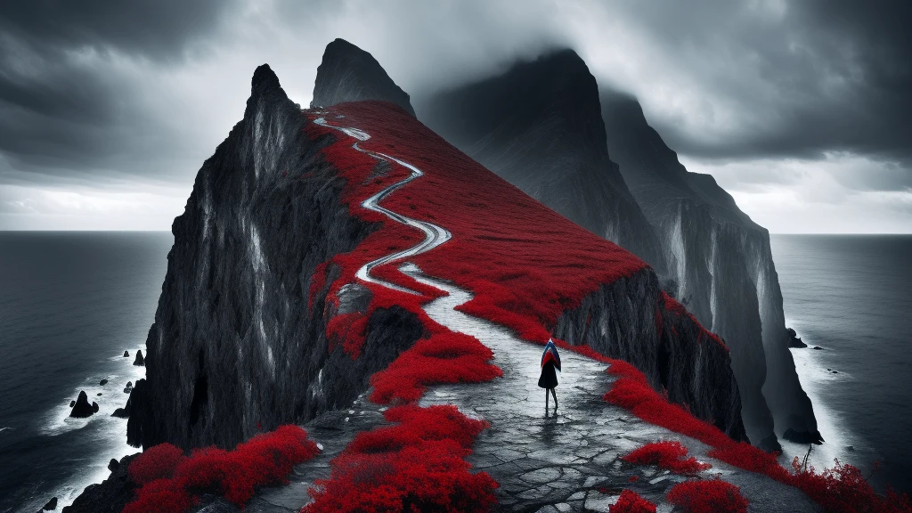 black and white and blue and red,(best quality, ultra-detailed, high resolution, extremely detailed cg),wide shot,dead angels stand on cliff edge,she is very beautiful,she like blood and sea,bloody rain, mystical,fanatic, intricate, surreal,delicate