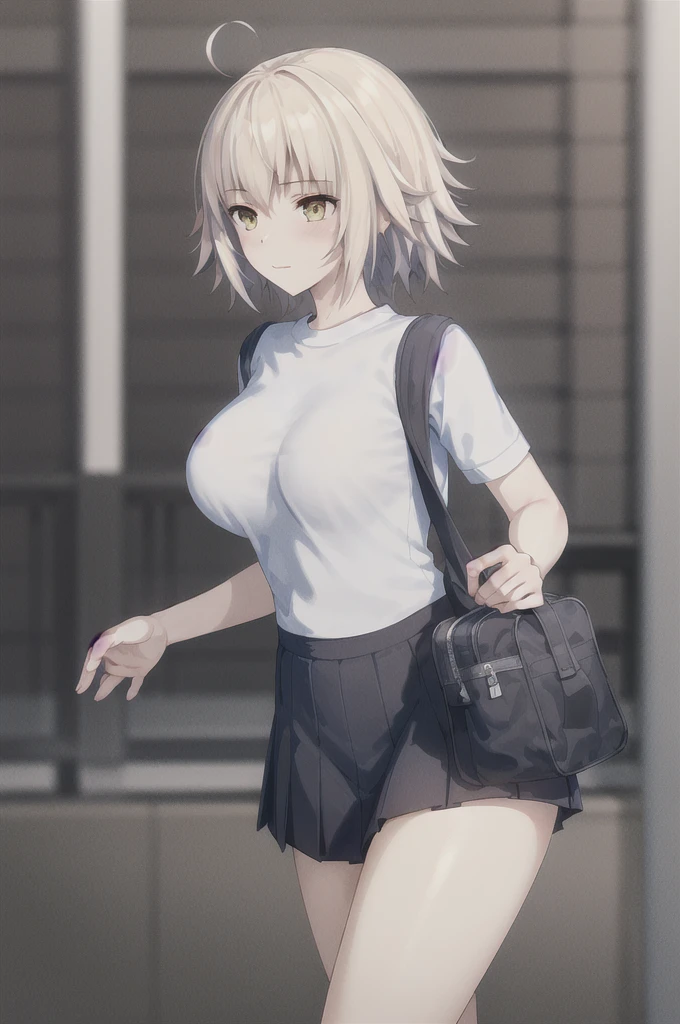 ((masterpiece, Highest quality,Clear image)), One girl,alone, Joan of Arc Horta, Large Breasts,,, Pleated skirt, Seraphim, White shirt, Black Skirt, View your viewers,Are standing,Carrying one school_bag, Cowboy Shot,nsfw,paizuri,breasts in penis