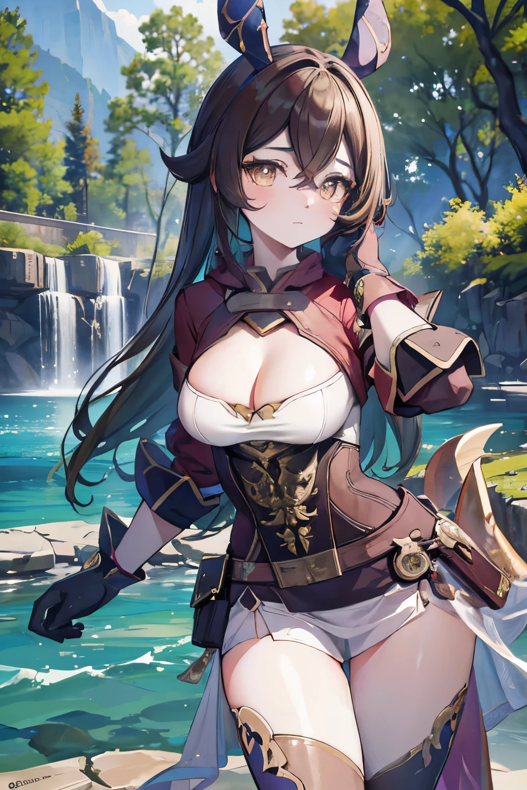 a beautiful melusine with dark chocolate hair and amber eyes, detailed facial features, delicate skin, wearing an ornate adventurer-themed dress, surrounded by trees and a lake, dramatic lighting, cinematic composition, highly detailed, vibrant colors, fantasy art style