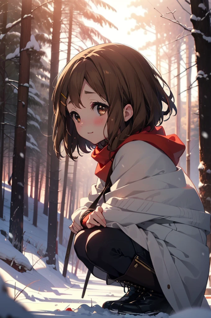 yuihirasawa, Yui Hirasawa, short hair, Brown Hair, hair ornaments, (Brown eyes:1.5), Hair Clip、smile,smile,blush,white breath,
Open your mouth,snow,Ground bonfire,, Outdoor, boots, snowing, From the side, wood, suitcase, Cape, Blurred, , forest, White handbag, nature,  Squat, Mouth closed, Cape, winter, Written boundary depth, Black shoes, red Cape break looking at viewer, Upper Body, whole body, break Outdoor, forest, nature, break (masterpiece:1.2), Highest quality, High resolution, unity 8k wallpaper, (shape:0.8), (Beautiful and beautiful eyes:1.6), Highly detailed face, Perfect lighting, Extremely detailed CG, (Perfect hands, Perfect Anatomy),