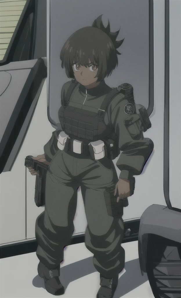 90s anime grown black skinned women with short black hair wearing a swat gear