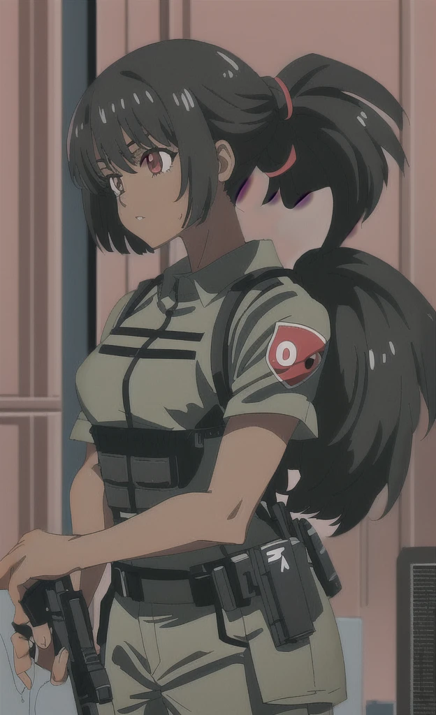 90s anime grown black skinned women with short black hair wearing a swat gear