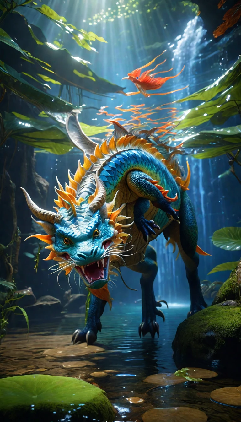 水中有一种Fantasy Creatures(best quality,4K,8k,High level,masterpiece:1.2),Ultra Detailed,(lifelike,Photo real,Photo real:1.37),Highly detailed animals,Complex patterns,Realistic lighting,Fantasy Creatures