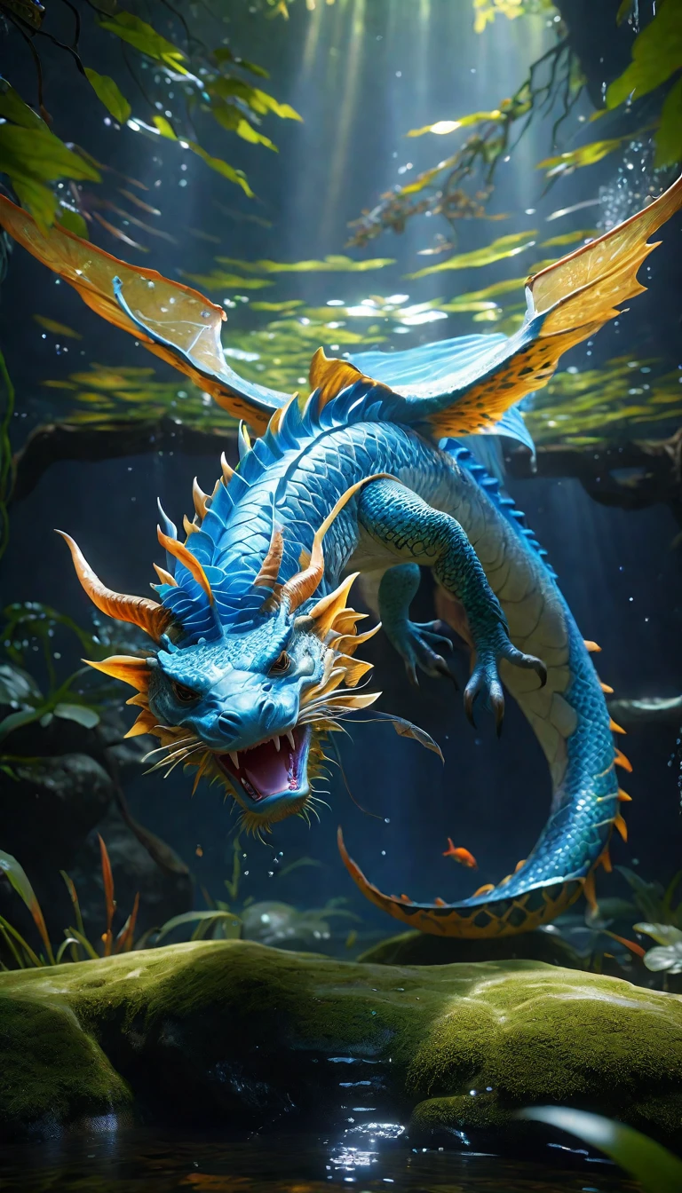 水中有一种Fantasy Creatures(best quality，4K，8k，High level，masterpiece：1.2），Ultra Detailed，（lifelike，Photo real，Photo real：1.37），Highly detailed animals，Complex patterns，Realistic lighting，Fantasy Creatures