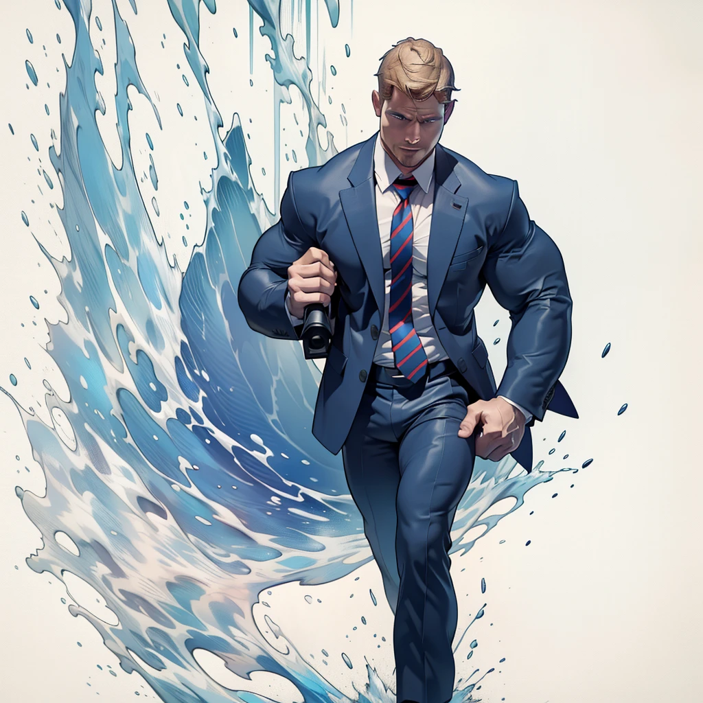 1 man, male focus solo, middle aged man,((( Stephen AMELL ))) as private investigator,  lean muscle,very  light blue shirt, marine blue businessman suit ,( red tie) ,( big bulge), full body shot, dark blond short hair, well groomed facial hair, holding a gun with one hand, , ultra high quality, masterpiece, (clear intense a splash of color blue and white paint in the blackground)