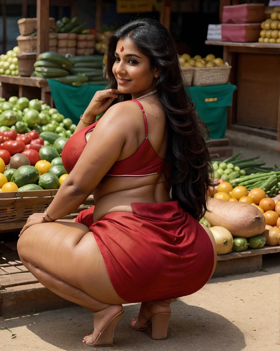 A beautiful gorgeous plump Indian 45-year-old woman wearing saree, huge sexy breast, long hair, cleavage, hot sexy body curves, smiley face, squatting pose in vegetable market , sexy ass in saree, side view