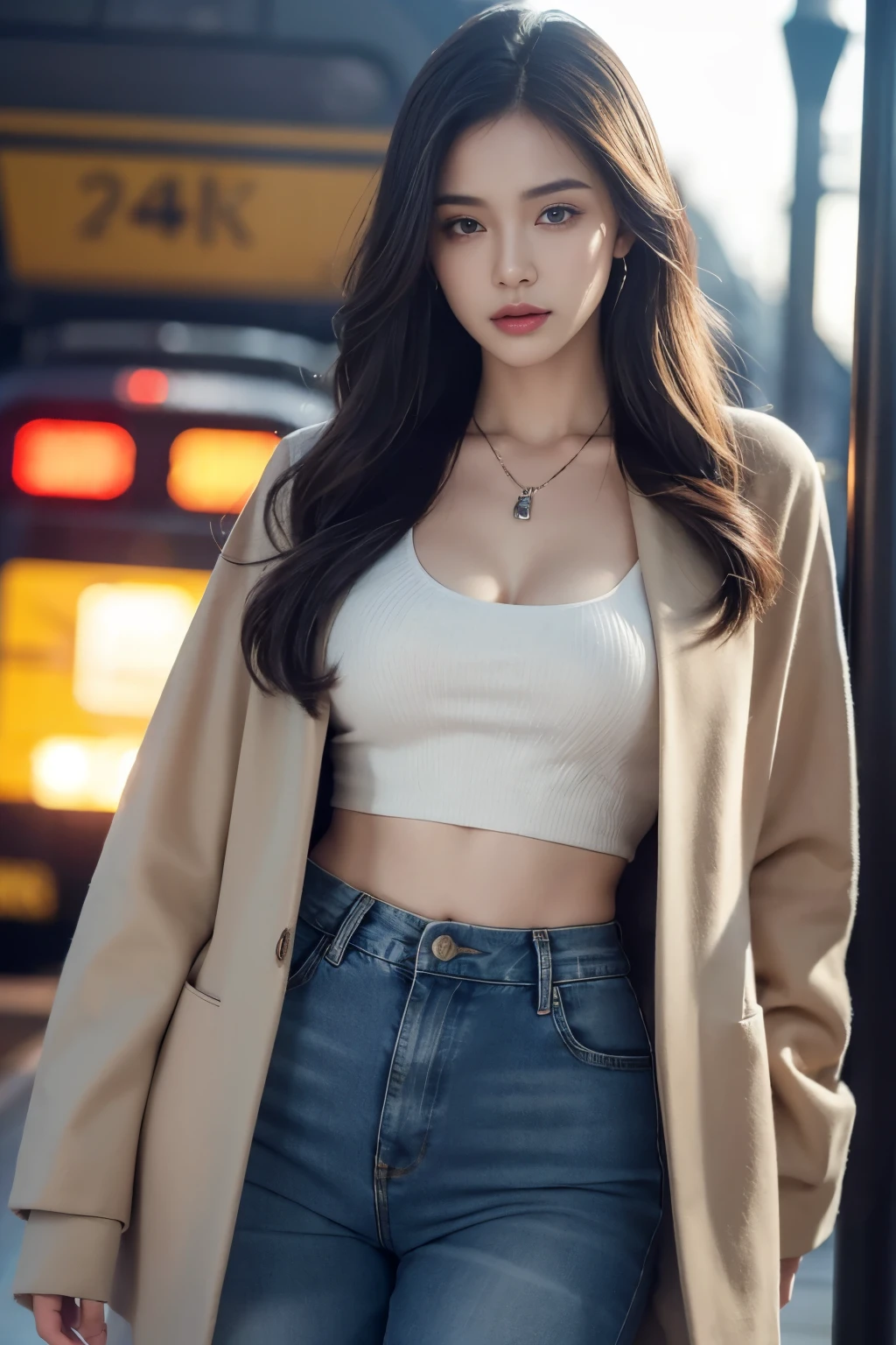 a beautiful woman wearing a crop top, jacket, and long denim pants, with a necklace, cleavage, slender abs, thick thighs, and a plump curvy figure, standing in a daylight setting with bokeh at a train station, (best quality,4k,8k,highres,masterpiece:1.2),ultra-detailed,(realistic,photorealistic,photo-realistic:1.37),detailed facial features,beautiful detailed eyes,beautiful detailed lips,extremely detailed eyes and face,longeyelashes,detailed clothing textures,detailed background,vibrant colors,cinematic lighting