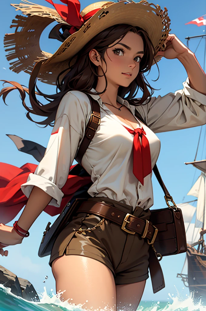 1 female, medium length brown hair, hazel eyes, wearing straw hat with red band with pirate outfit