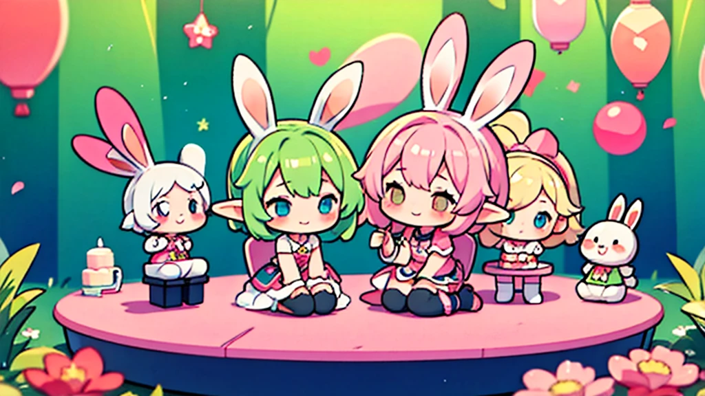 Bunny ears、Chibi Girl Elf、Waiting or sitting down to rest、Pink pop room、 smile