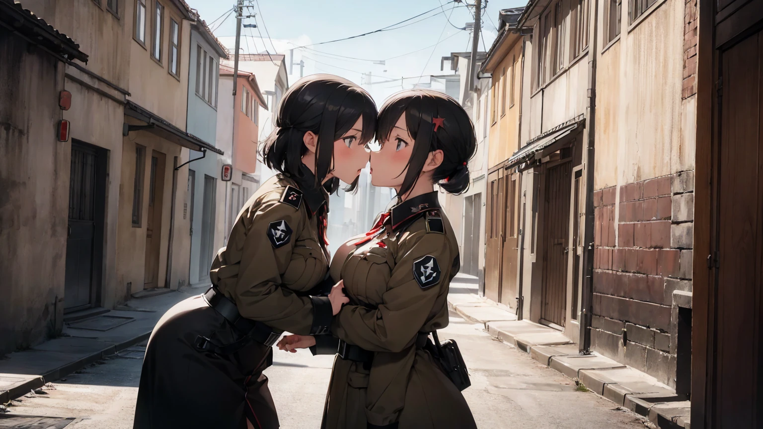 Gestapo uniform, female Nazi lesbian kawaii sisters kissing passionately in Auschwitz Jewish concentration camp, wearing  Luftwaffe uniforms. 8k. masterpiece. best quality. best artwork. lingerie.   insignia red armband