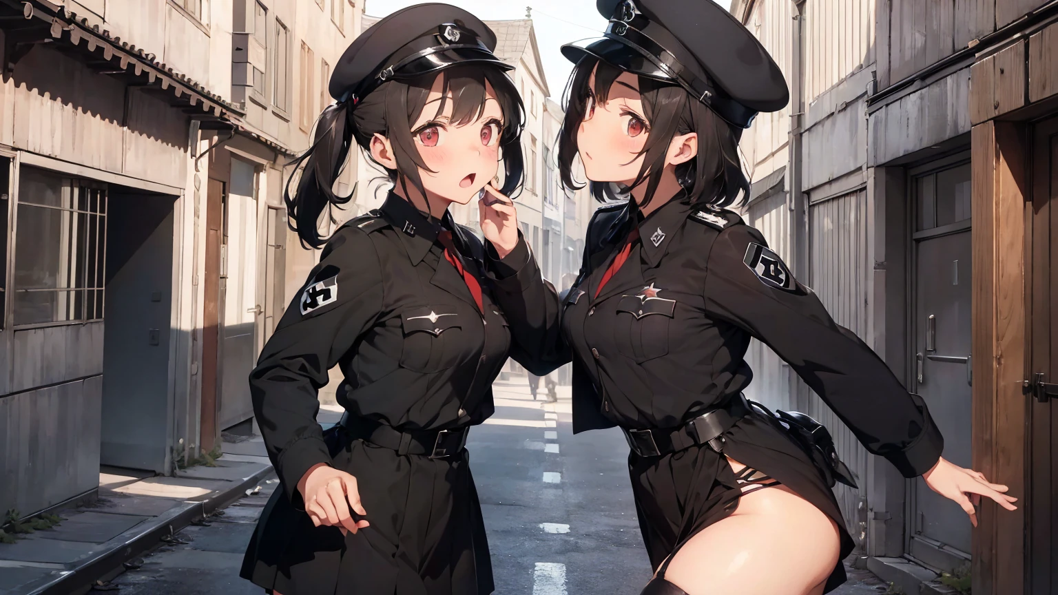 Gestapo uniform, female Nazi lesbian kawaii sisters kissing passionately in Auschwitz Jewish concentration camp, wearing  Luftwaffe uniforms. 8k. masterpiece. best quality. best artwork. lingerie.   insignia red armband