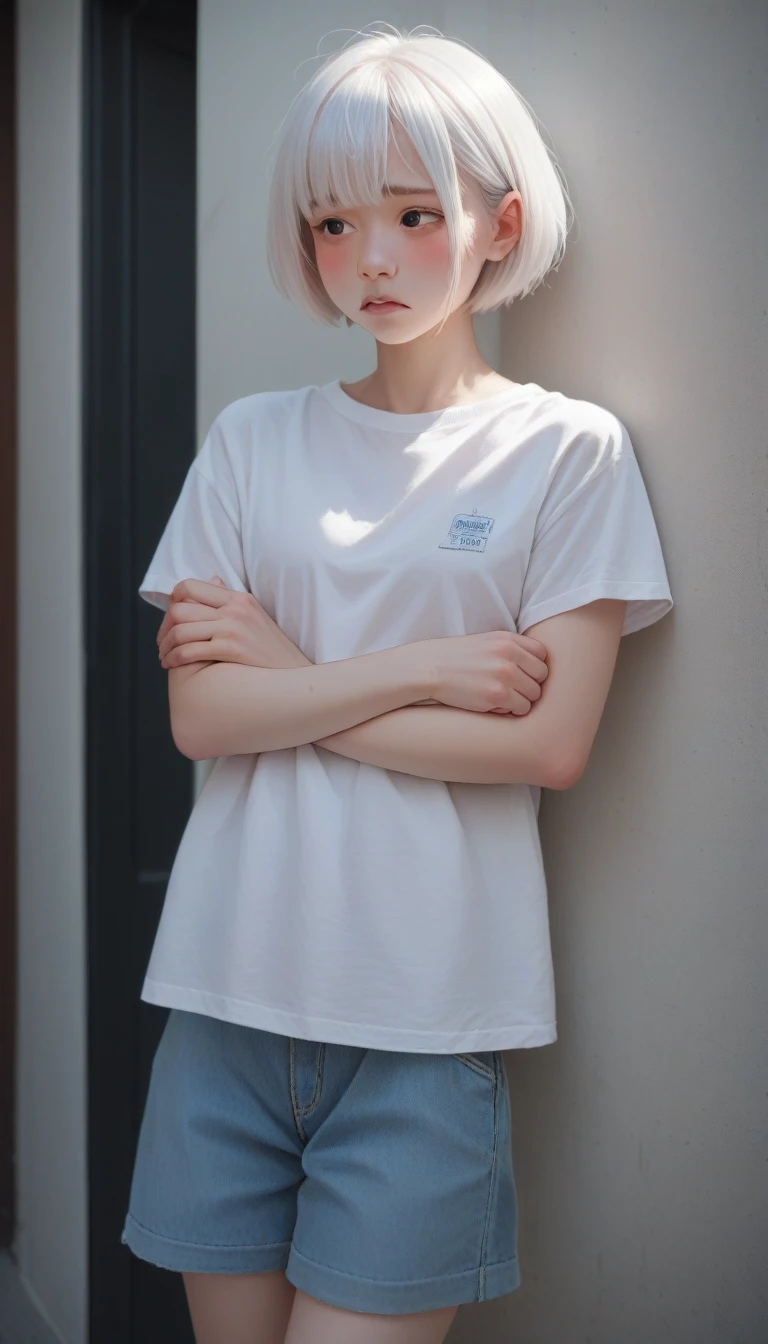 score_9_up, score_8_up, score_7_up, Short white hair, blush, Awkward