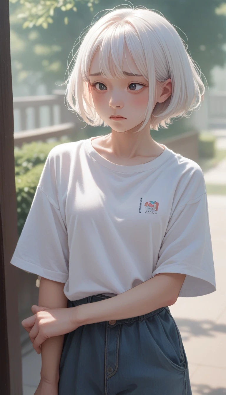 score_9_up, score_8_up, score_7_up, Short white hair, blush, Awkward