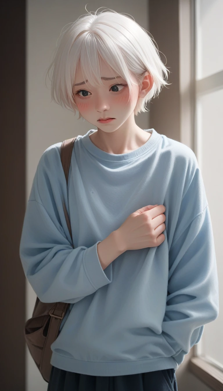 score_9_up, score_8_up, score_7_up, Short white hair, blush, Awkward