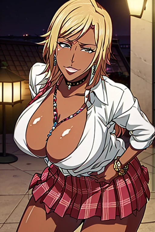 score_9, score_8_superior, score_7_superior, score_6_superior, score_5_superior, score_4_superior, sauce_anime, ganguro, Improve, alone, One girl, Yamamba, makesuperior, Sunburn, Prostitute, Prostitute, Mature Woman, Huge breasts, Wide Hips, Thick thighs, Beat Tekken 8_Yuri, Improve mama, Blonde, Blunt bangs, Hime cut, Long Hair, collar, choker, leopard print bikini top, Very tight bikini top, Fits perfectly to the skin, belly button, belly button piercing, Earrings, Earrings, black mini skirt, mini skirt, belt, Fishnet tights, fur-trimmed jacket, walk, Side view, Pink Lips, Brown eyes, Long eyelashes, eye shadow, View your viewers, throw, Outdoor, Tokyo \(city\), at night, Blurred Background, city lights, Neon Light, Covered nipples, bracelet, Captivating smile, collarbone, Tilt your head,