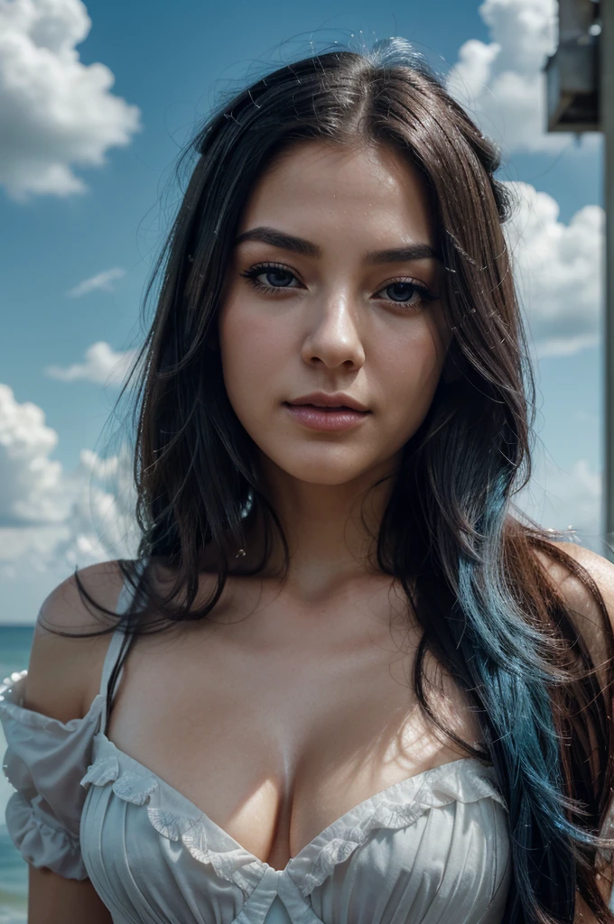 A girl with long blue hair. Her face is exquisite, with high cheekbones and smooth fair skin. Her large black eyes, framed by long thick eyelashes, are impressive and expressive, radiating calmness and confidence. Well-defined eyebrows curve gracefully above her eyes, adding intensity to her gaze. She has a small, straight nose and full, slightly parted lips that curve into a slight smile, revealing hints of mischief and allure. Her sharp, well-defined jawline gives her face a refined and elegant appearance. Pink halo, white robe dissolving into pink smoke, pink glow inside hood, no face, pink ribbons spreading out from behind, flying in sky, sunset storm background