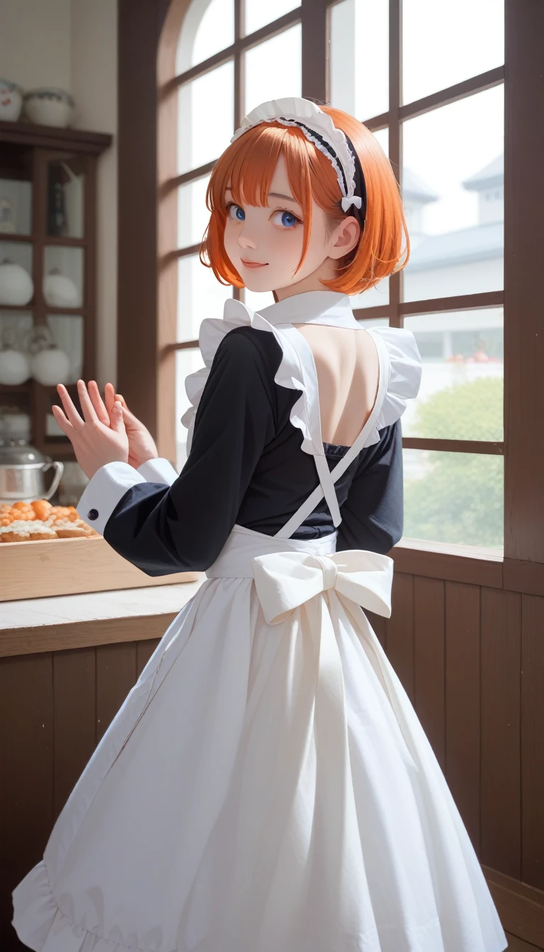 score_9_up, score_8_up, score_7_up, masterpiece,best quality,Japanese cartoons,(2D:1.2),indoors, , 1 Girl, roswaal mansion maid uniform, Solitary, maid, Blue eyes, short hair,bow hairband, Hair between the eyes, Separate sleeves, Looking at the audience, Red hair band,Ribbon, Bangs, look back, bow, Orange Hair,red Ribbon, Black sleeves, window, Long sleeve, apron, white bow, Ruffles,Ribbon trim,A faint smile, own hands,