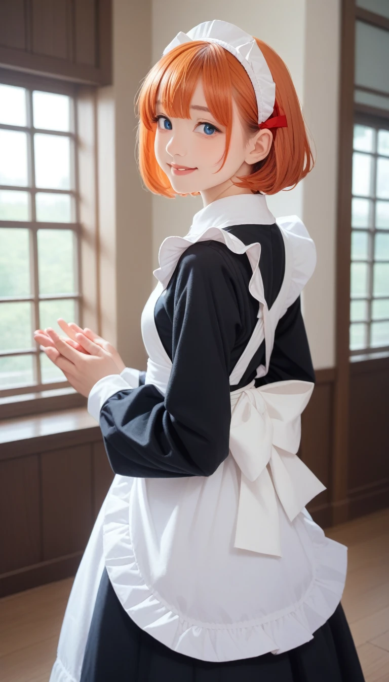 score_9_up, score_8_up, score_7_up, masterpiece,best quality,Japanese cartoons,(2D:1.2),indoors, , 1 Girl, roswaal mansion maid uniform, Solitary, maid, Blue eyes, short hair,bow hairband, Hair between the eyes, Separate sleeves, Looking at the audience, Red hair band,Ribbon, Bangs, look back, bow, Orange Hair,red Ribbon, Black sleeves, window, Long sleeve, apron, white bow, Ruffles,Ribbon trim,A faint smile, own hands,