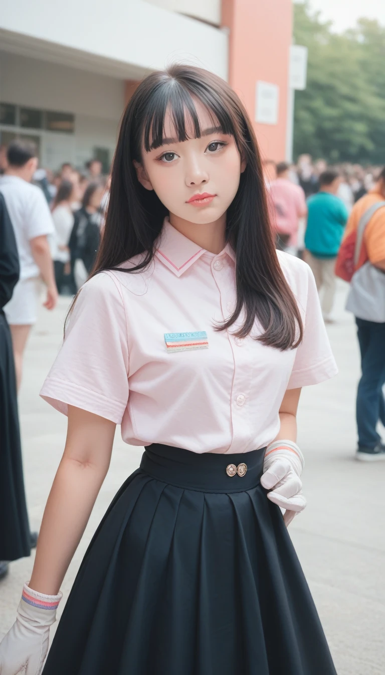 score_9_up, score_8_up, score_7_up, photoPractical, Lip Gloss, Practical, best quality, Ultra-high resolution, depth, Pastel colors, Natural shade, Face Focused, Just the face, Looking at the audience, Long hair, Black Hair, Brown, detailed eyes, Black skirt, Gloves, Anatomically correct