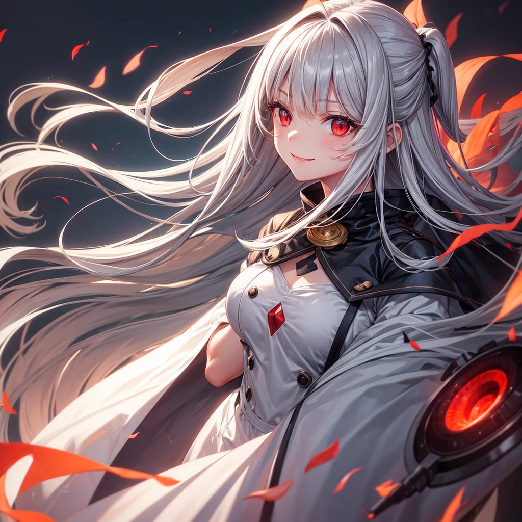 One girl, Long Hair, High resolution, Gaze, Food, Gray Hair, Simple Background, far and near method, Illustration, Hair blowing in the wind, Deco bangs, Red eyes, A seductive smile,