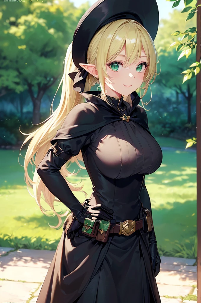 (((masterpiece; best quality: 1.2))), (finely detailed eyes: 1.3), (25 year old elf woman), (solo), (green eyes: 1.4), (body; big breasts, fit, femenine: 1.3), (silky blonde hair in low ponytail: 1.3), (beautiful and clear background: 1.2), ((depth of field)), (equipment: adventurer garb + modest + elegant wide-brimmed hat + dark blouse + dark cape + black long skirt + gloves + belt + pouches: 1.3), (anime illustration: 1.2), (background composition; royal garden: 1.1), (extremely fine and beautiful: 1.1), (shot composition; standing + centered on torso + close-up: 1.5), (expression; calm, smile: 1.2)