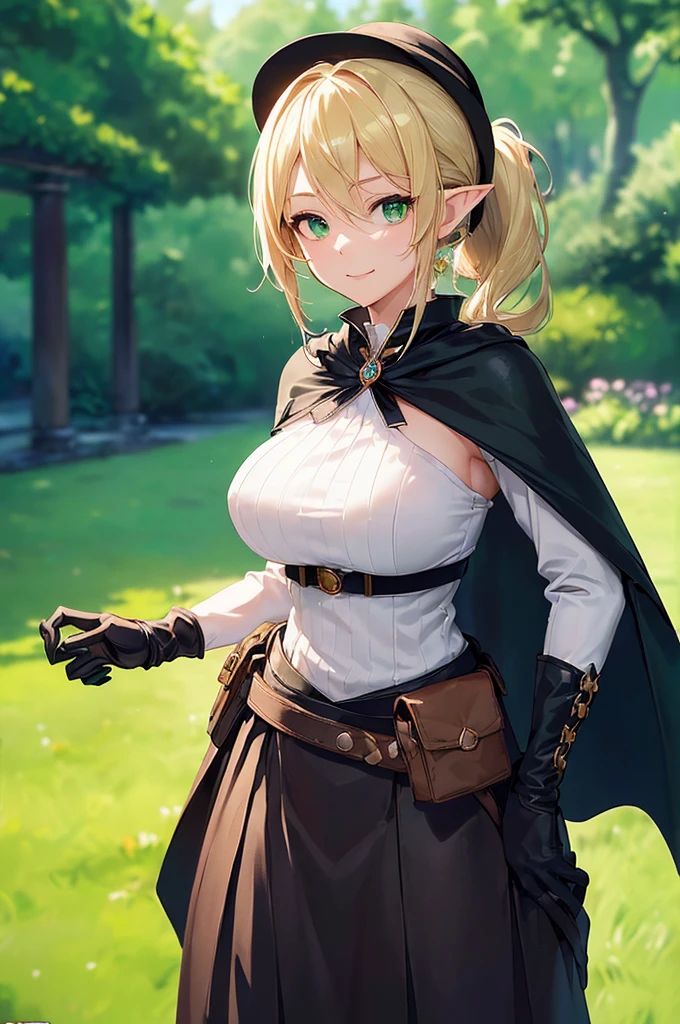 (((masterpiece; best quality: 1.2))), (finely detailed eyes: 1.3), (25 year old elf woman), (solo), (green eyes: 1.4), (body; big breasts, fit, femenine: 1.3), (silky blonde hair in low ponytail: 1.3), (beautiful and clear background: 1.2), ((depth of field)), (equipment: adventurer garb + modest + elegant wide-brimmed hat + dark blouse + dark cape + black long skirt + gloves + belt + pouches: 1.3), (anime illustration: 1.2), (background composition; royal garden: 1.1), (extremely fine and beautiful: 1.1), (shot composition; standing + centered on torso + close-up: 1.5), (expression; calm, smile: 1.2)