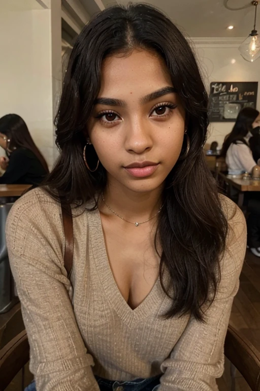 Photo of a 21-year-old brown-skinned girl.., he has a very natural face, thin lips, fine eyes, thin eyebrows, fine nose, earrings, long eyelashes. She takes a cute selfie in a cafe.