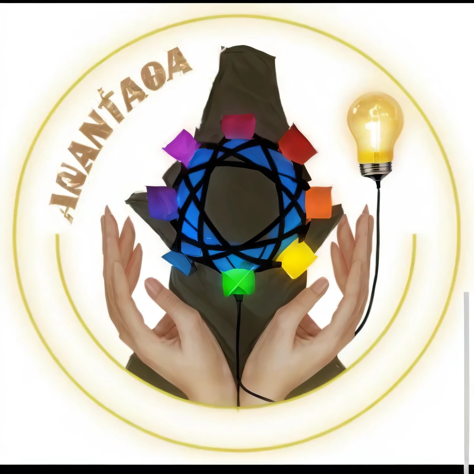 a close up of a person holding a light bulb in their hands, logo art, vanta black, manifestation