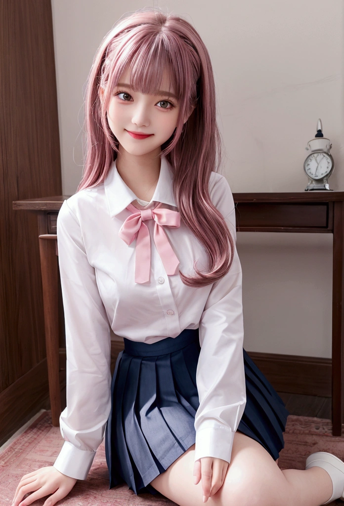 Highest quality,girl,high school girl,uniform,White blouse,Navy blue pleated skirt,Black knee-high, Brown and pink hair, Pink eyes,cute,Sitting,wavy hair,smile,